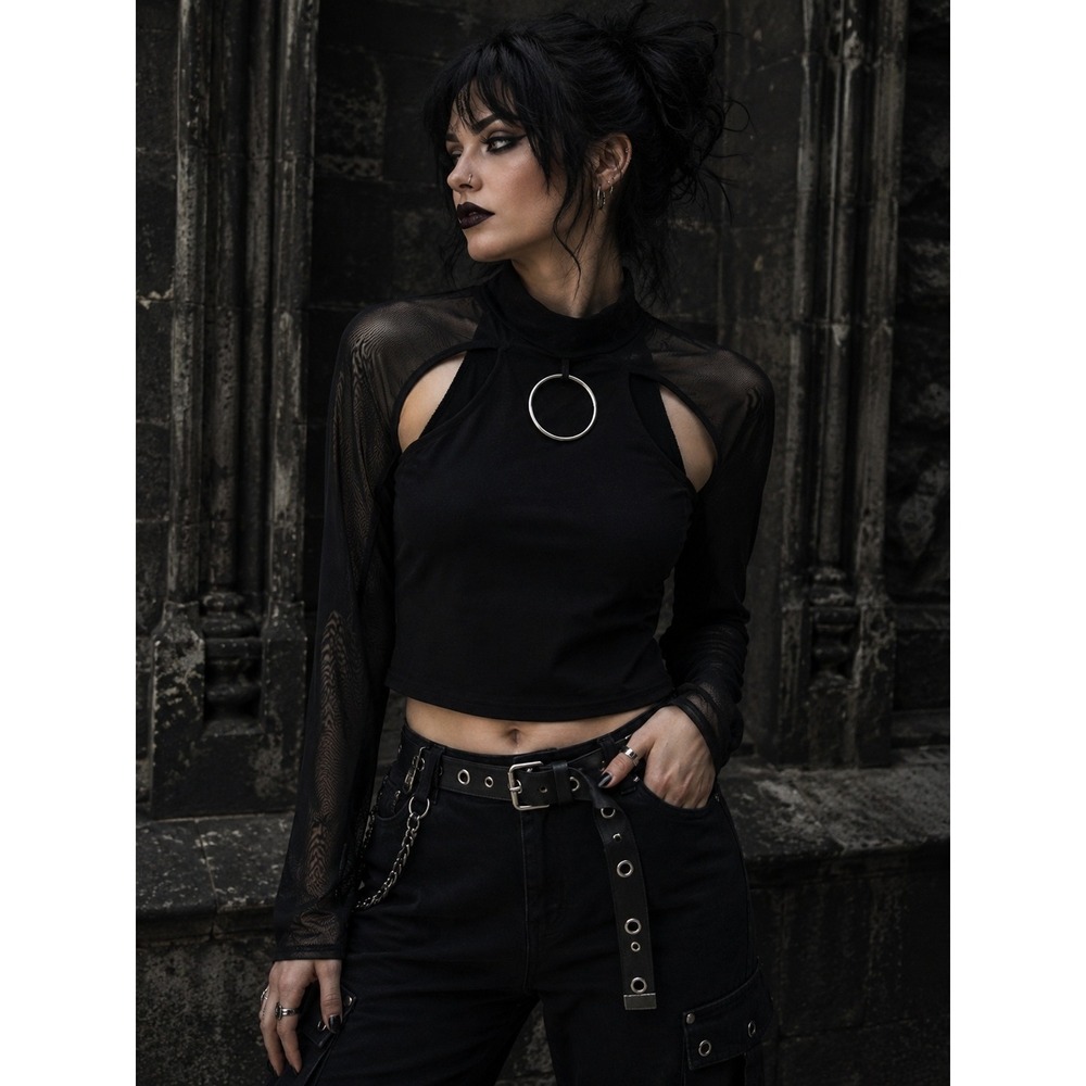 Killstar Mystia Black Mesh Long Sleeve O-Ring Crop Top KSRA003517L Large
